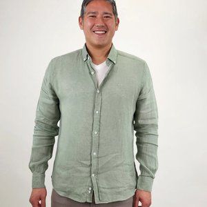 Jakamen Green Linen Slim Fit Long Sleeve Button Up Shirt